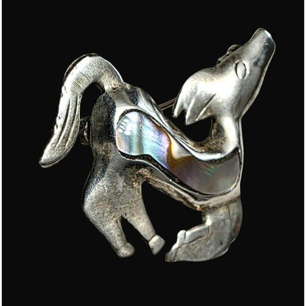 Taxco Sterling Silver Horse Brooch Pin Abalone Inlay Donkey Vintage MCM Mexico